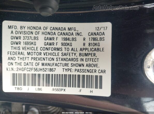 2HGFC2F56JH521867 2018 HONDA CIVIC Black Vista del compartimento del motor
