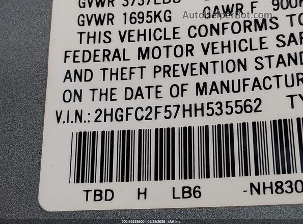 2HGFC2F57HH535562 2017 HONDA CIVIC Серебряный Вид подкапотного пространства