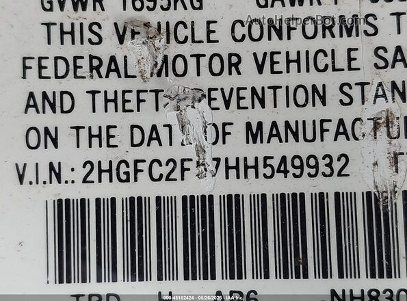 2HGFC2F57HH549932 2017 HONDA CIVIC Silver Вид підкапотного простору