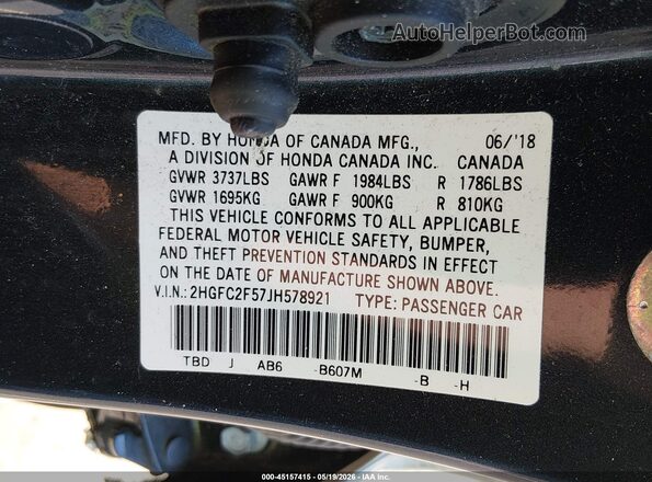 2HGFC2F57JH578921 2018 HONDA CIVIC Gray Widok komory silnika