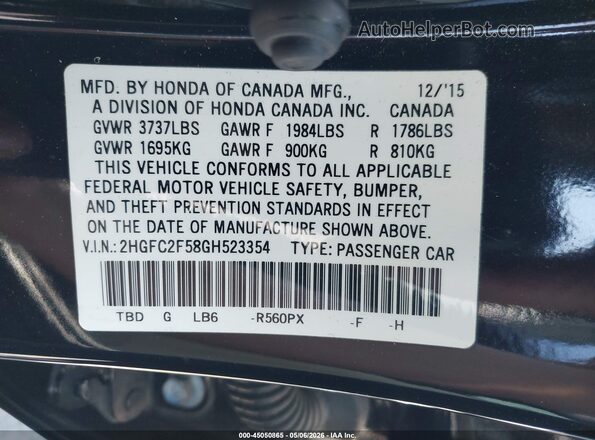 2HGFC2F58GH523354 2016 HONDA CIVIC Черный Вид подкапотного пространства