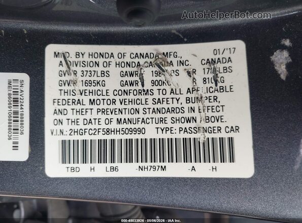 2HGFC2F58HH509990 2017 HONDA CIVIC Gray Շարժիչի բաժամունքի տեսք