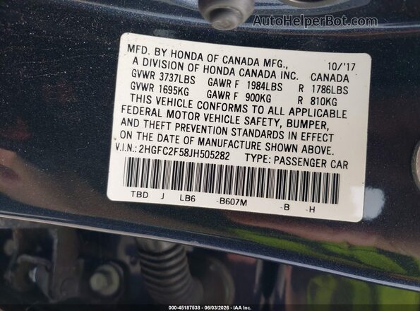 2HGFC2F58JH505282 2018 HONDA CIVIC Navy Շարժիչի բաժամունքի տեսք