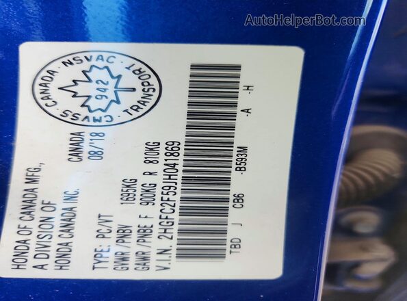2HGFC2F59JH041869 2018 HONDA CIVIC Blue 