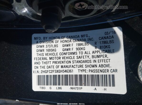 2HGFC2F5XGH546361 2016 HONDA CIVIC Black Вид підкапотного простору