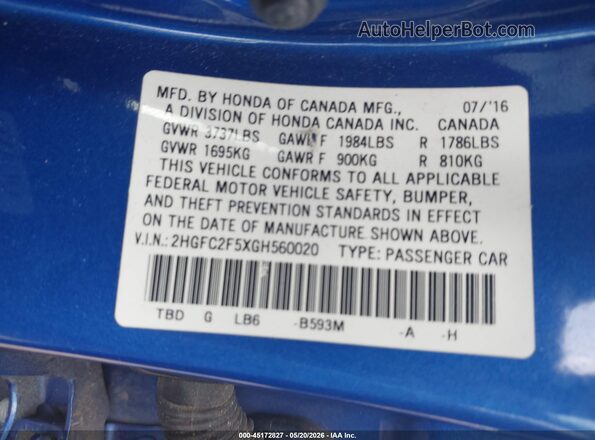 2HGFC2F5XGH560020 2016 HONDA CIVIC Blue Widok komory silnika