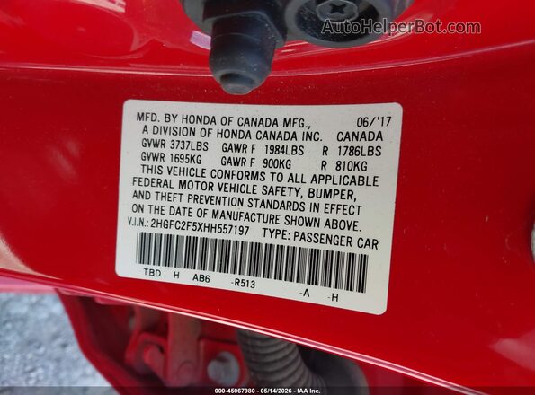2HGFC2F5XHH557197 2017 HONDA CIVIC Red Շարժիչի բաժամունքի տեսք