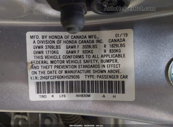2HGFC2F60KH529036 2019 HONDA CIVIC Silver Engine compartment view