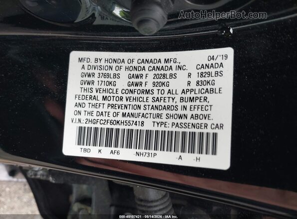 2HGFC2F60KH557418 2019 HONDA CIVIC Black Շարժիչի բաժամունքի տեսք