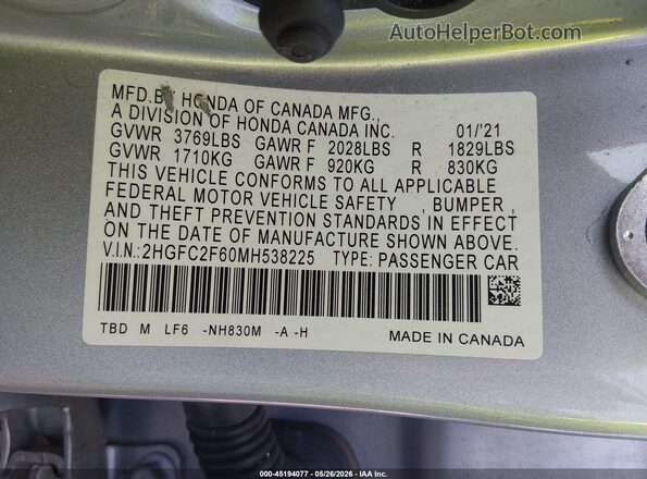 2HGFC2F60MH538225 2021 HONDA CIVIC Silver ძრავის განყოფილების ხედი