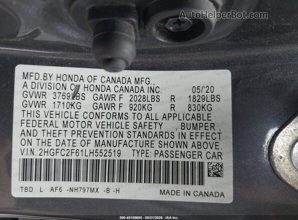 2HGFC2F61LH552519 2020 HONDA CIVIC Gray Engine compartment view