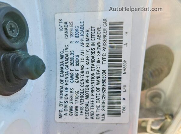 2HGFC2F62KH505904 2019 HONDA CIVIC White Vista del compartimento del motor