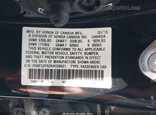 2HGFC2F62KH536621 2019 HONDA CIVIC Black Widok komory silnika