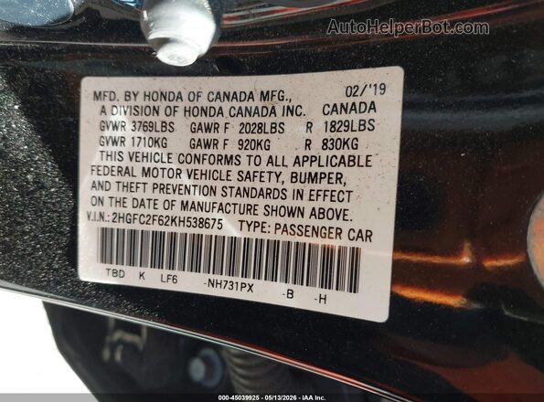 2HGFC2F62KH538675 2019 HONDA CIVIC Black Vista del compartimento del motor