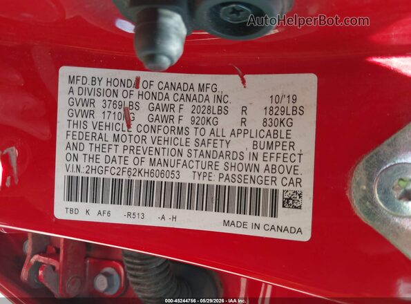 2HGFC2F62KH606053 2019 HONDA CIVIC Красный Вид подкапотного пространства
