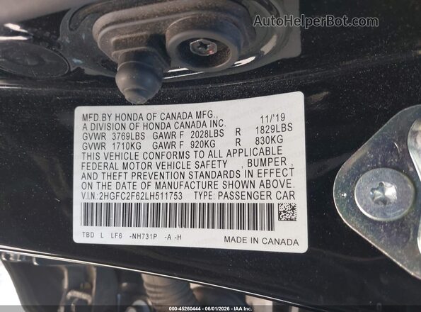 2HGFC2F62LH511753 2020 HONDA CIVIC Black Շարժիչի բաժամունքի տեսք