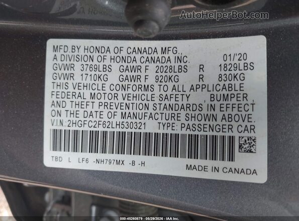 2HGFC2F62LH530321 2020 HONDA CIVIC Gray Widok komory silnika