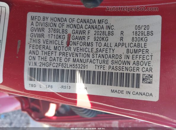 2HGFC2F62LH553291 2020 HONDA CIVIC Red Շարժիչի բաժամունքի տեսք