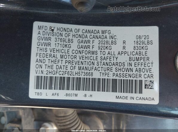 2HGFC2F62LH573668 2020 HONDA CIVIC Gray 