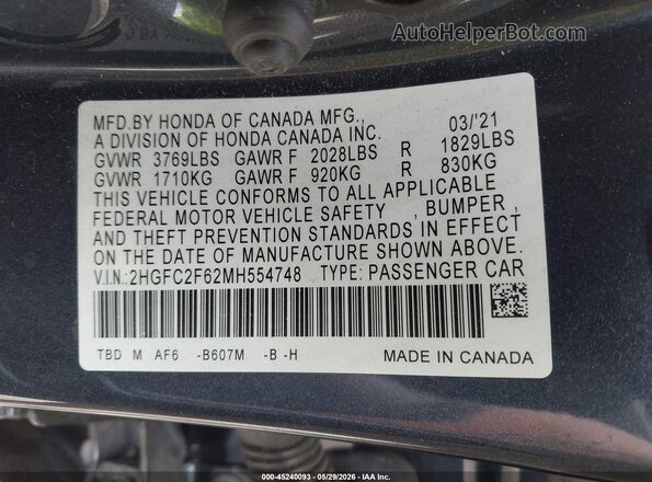 2HGFC2F62MH554748 2021 HONDA CIVIC Gray Вид підкапотного простору