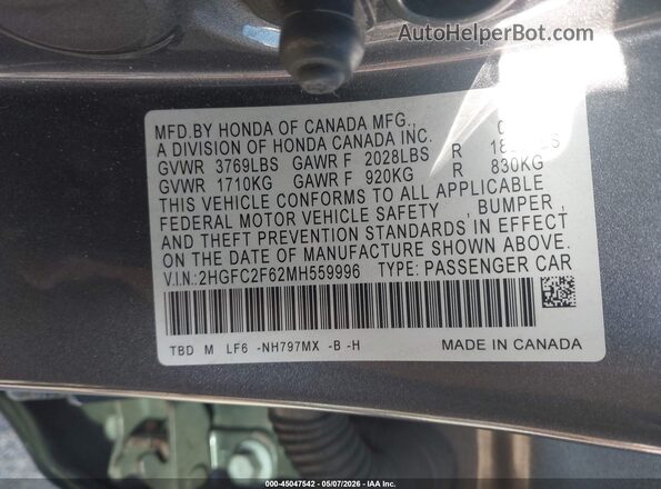 2HGFC2F62MH559996 2021 HONDA CIVIC Gray Engine compartment view