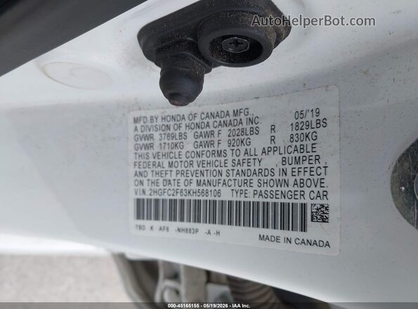 2HGFC2F63KH568106 2019 HONDA CIVIC White Widok komory silnika