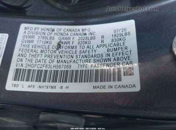 2HGFC2F63LH567068 2020 HONDA CIVIC Gray 