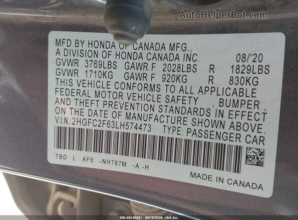 2HGFC2F63LH574473 2020 HONDA CIVIC Gray Engine compartment view