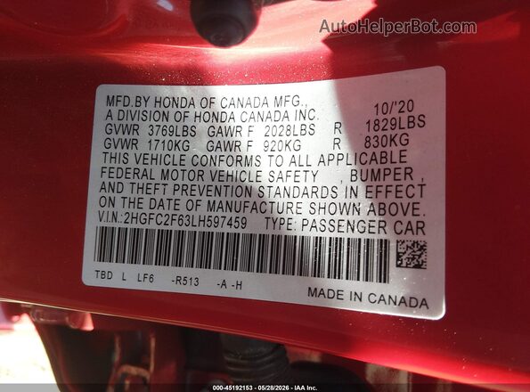 2HGFC2F63LH597459 2020 HONDA CIVIC Red Widok komory silnika
