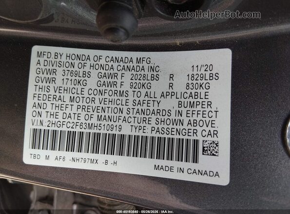 2HGFC2F63MH510919 2021 HONDA CIVIC Серый Вид подкапотного пространства