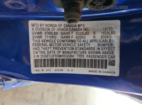 2HGFC2F63MH532984 2021 HONDA CIVIC Blue Շարժիչի բաժամունքի տեսք