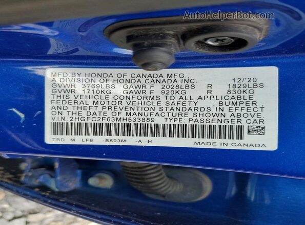 2HGFC2F63MH533889 2021 HONDA CIVIC Синий 