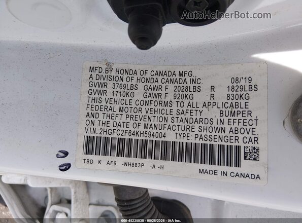 2HGFC2F64KH594004 2019 HONDA CIVIC White Vista del compartimento del motor