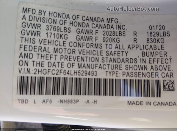 2HGFC2F64LH529493 2020 HONDA CIVIC White Engine compartment view