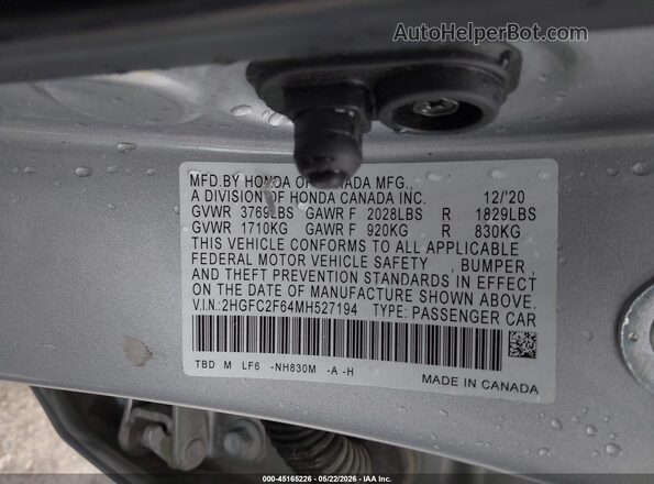 2HGFC2F64MH527194 2021 HONDA CIVIC Silver Вид підкапотного простору