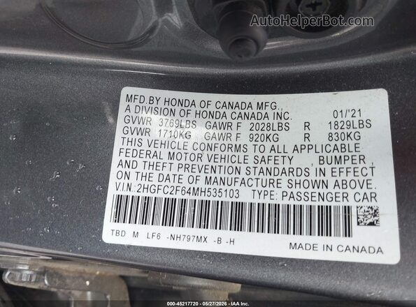 2HGFC2F64MH535103 2021 HONDA CIVIC Gray Engine compartment view