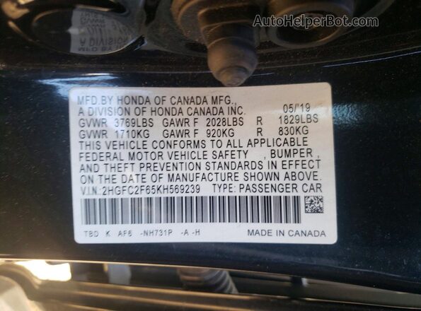 2HGFC2F65KH569239 2019 HONDA CIVIC Black Vista del compartimento del motor