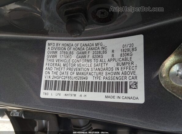 2HGFC2F65LH528949 2020 HONDA CIVIC Gray Вид підкапотного простору