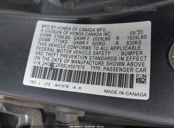 2HGFC2F65LH587676 2020 HONDA CIVIC Gray Vista del compartimento del motor