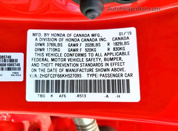 2HGFC2F66KH527095 2019 HONDA CIVIC Red VIN კოდის სტიკერის ხედი