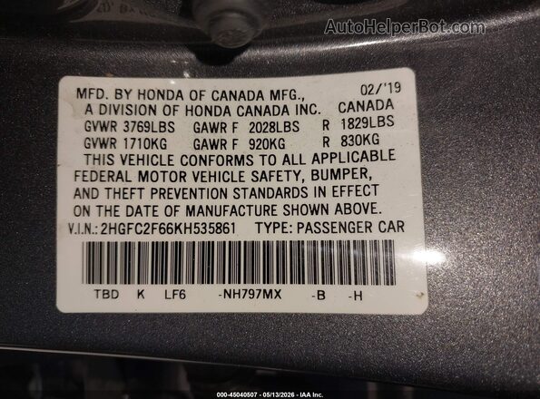 2HGFC2F66KH535861 2019 HONDA CIVIC Gray Widok komory silnika