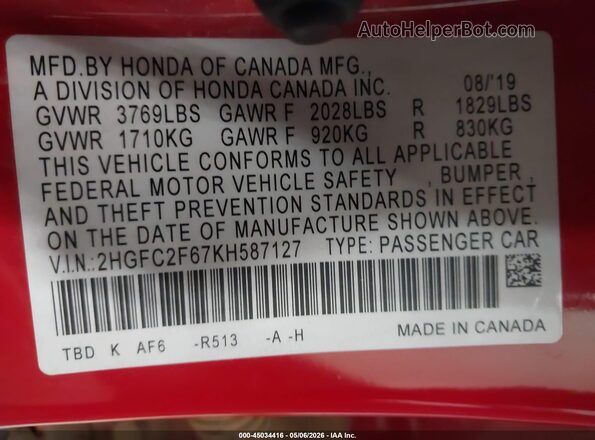 2HGFC2F67KH587127 2019 HONDA CIVIC Red Widok komory silnika