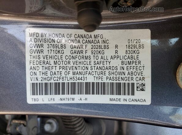 2HGFC2F67LH534431 2020 HONDA CIVIC Угольный Вид подкапотного пространства