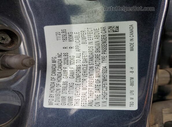 2HGFC2F67MH519204 2021 HONDA CIVIC Charcoal VIN კოდის სტიკერის ხედი