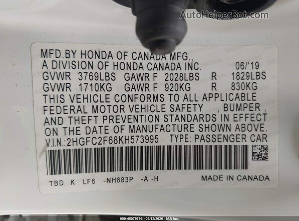 2HGFC2F68KH573995 2019 HONDA CIVIC White Вид підкапотного простору