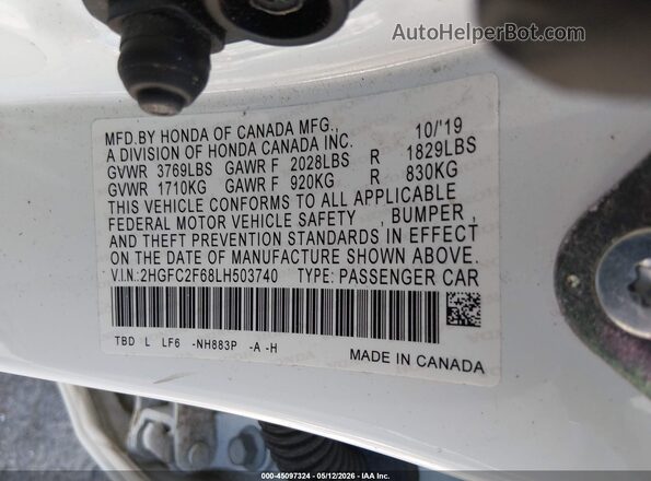 2HGFC2F68LH503740 2020 HONDA CIVIC White Vista del compartimento del motor