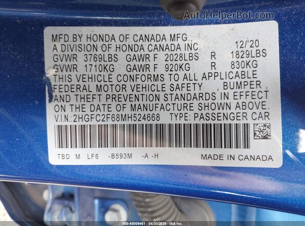 2HGFC2F68MH524668 2021 HONDA CIVIC Синий Вид подкапотного пространства