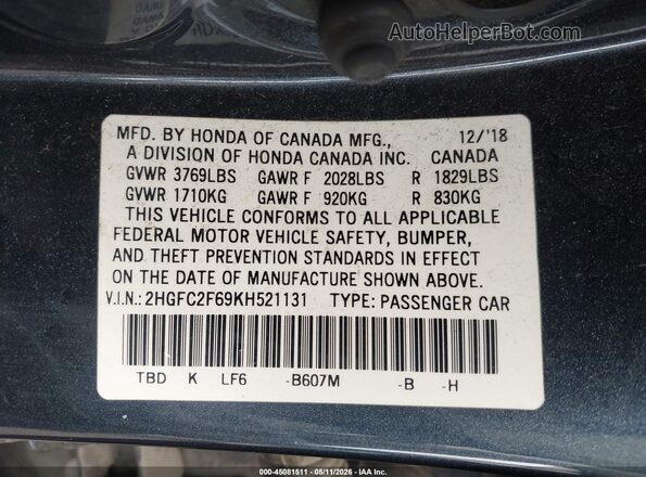 2HGFC2F69KH521131 2019 HONDA CIVIC Dark Blue Շարժիչի բաժամունքի տեսք