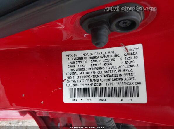 2HGFC2F69KH552086 2019 HONDA CIVIC Red 
