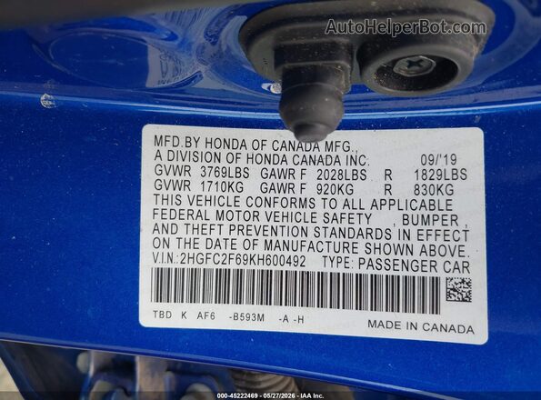 2HGFC2F69KH600492 2019 HONDA CIVIC Blue Engine compartment view